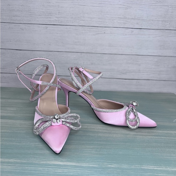 Pointed Toe Crystal Bows Satin Backless Ankle Straps Buckle Stiletto Pumps EU 41 - Picture 3 of 10